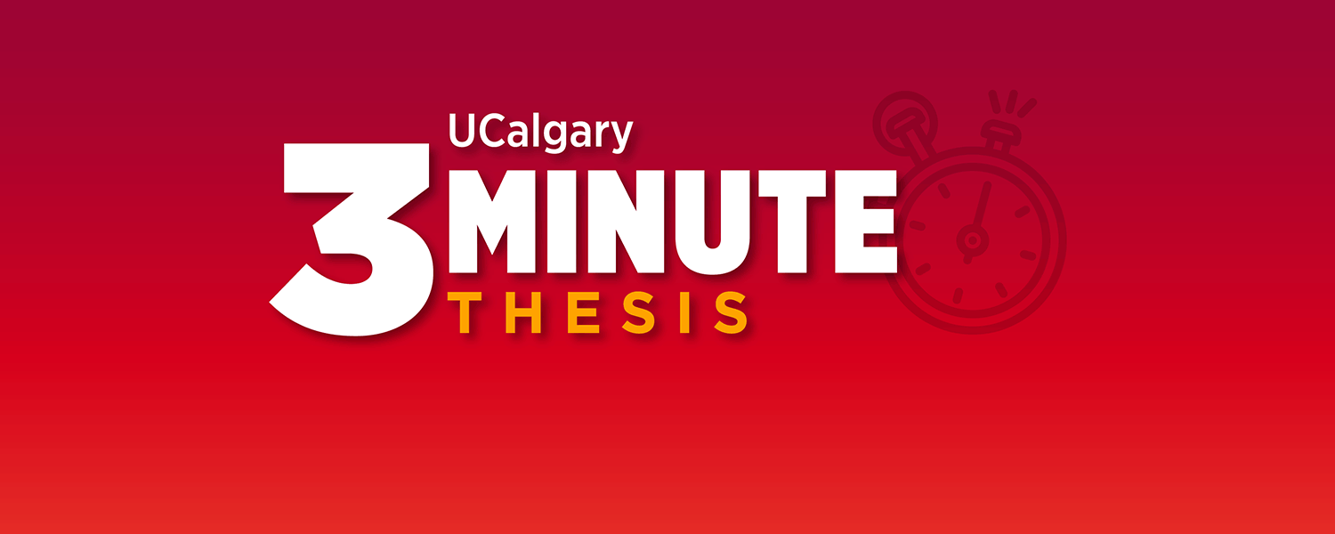 UCalgary 3MT logo with red to berry gradient and stopwatch graphic