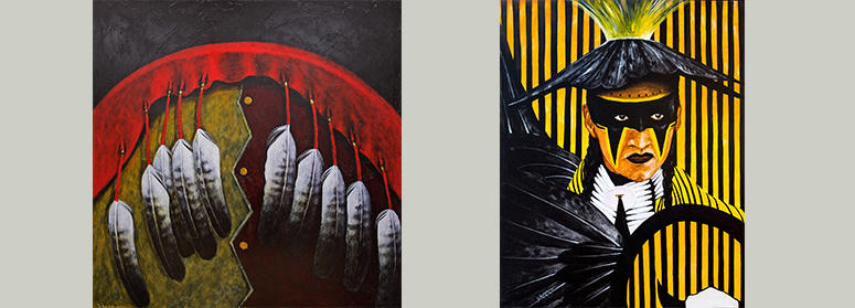 Red Tail Feathers Shield (2003) and The Rain Man (1994) by Dale Auger (1958 – 2008). Oil paintings. The Native Centre and Faculty of Law (Murray Fraser Hall). 
