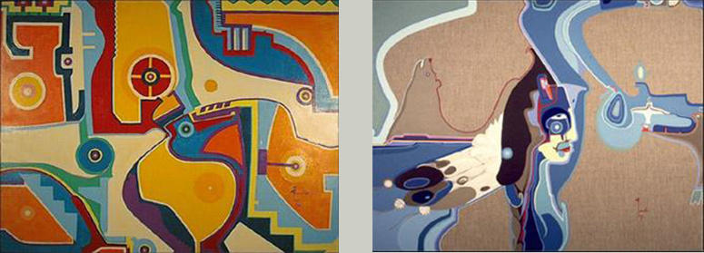 City Dwelling (1972) and Northern News Bearer (1977) by Alex Janvier (b. 1935). Acrylic paintings. Collection of Nickle Galleries. 