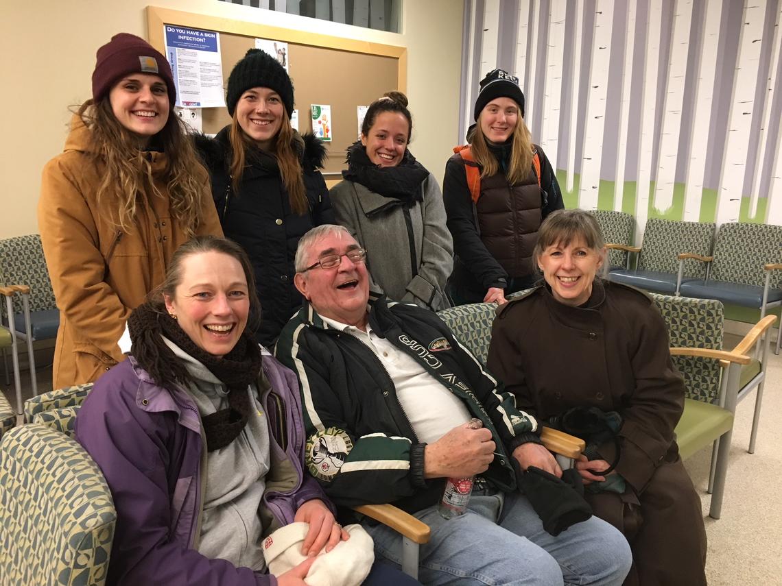 University of Calgary nursing students prepare to "walk the streets" with former homeless man, John Bodman (seated, centre) and assistant professor Candace Lind (seated, right). Students (standing) from left: Sam Whitaker, Kirstine Carlson, Gabrielle Tarratt and Hannah van Varseveld. Seated Kara Levis, friend of Bodman. Faculty of Nursing photos