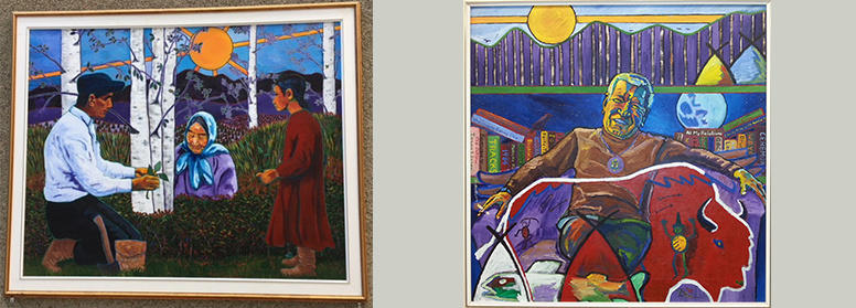 The Ancestors are Watching (1992) and Stan Gibson (1995) by Frederick McDonald (b. 1957). Oil paintings. Libin Theatre, Foothills Campus and the Native Centre. 