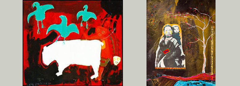 White Bear (1992) and Wolf Child (2011) by Jane Ash Poitras (b. 1951). Oil paintings. Executive Suite, Administration Building and the Native Centre. 