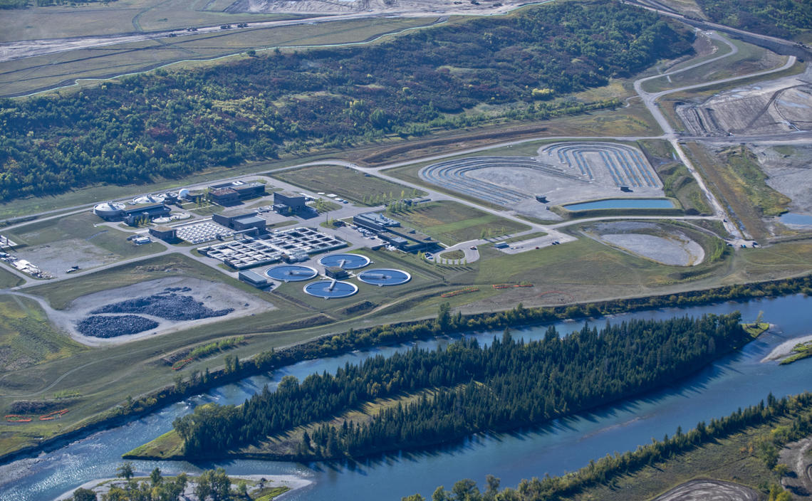 An aerial view of the Advancing Canadian Wastewater Assets facility at the Pine Creek Wastewater Treatment Plant in south Calgary. The project is the world's first fully integrated, fully contained university research facility located within an operating industrial wastewater treatment plant.