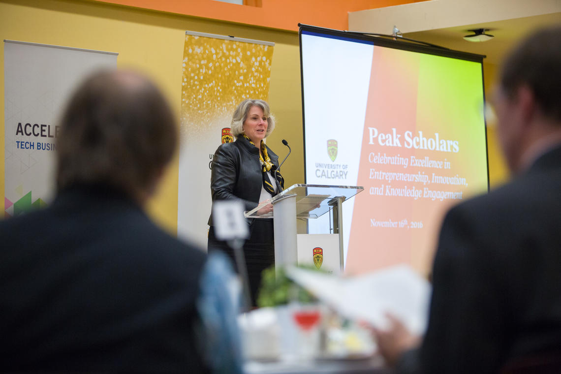 University president Elizabeth Cannon speaks at the Peak Scholars in Entrepreneurship, Innovation, and Knowledge Engagement luncheon. Photo by Riley Brandt, University of Calgary 