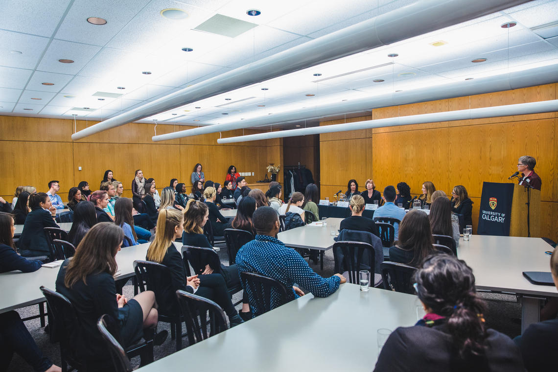 Students and mentors at the Haskayne School of Business listen to five panelists at the Women in Finance event on Jan. 28 hosted by the Haskayne Career Centre and the Canadian Centre for Advanced Leadership in Business.