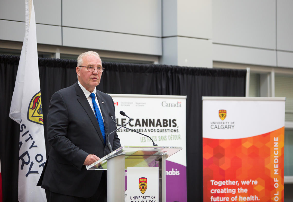 At the University of Calgary on Wednesday, Bill Blair, Government of Canada minister of border security and organized crime reduction, announces funding to support research that will explore the potential harms and therapeutic uses of cannabis. Photos by Riley Brandt, University of Calgary 
