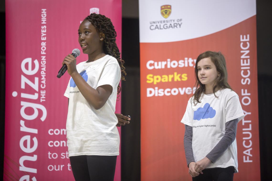 Tito Akinlosotu and Emma Cutler of Robot Unicorns pitch their app, Cloud9, at the Technovation regional pitch competition hosted by the University of Calgary's Faculty of Science.