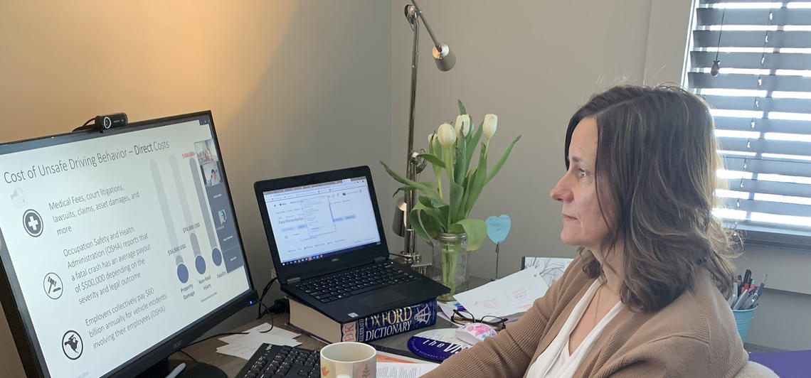 Instead of teaching in a classroom, Catherine Heggerud connects with students from her home office.