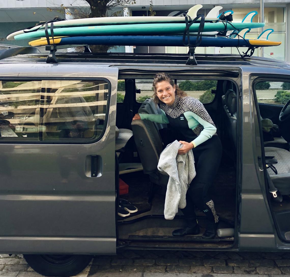 Tereza Stastny in the surfing van 