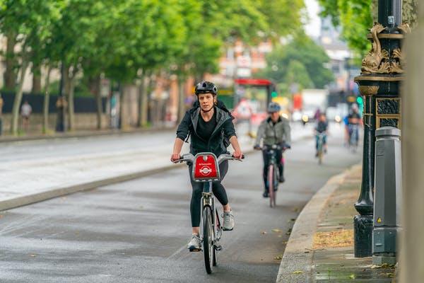Cyclists commute in London, U.K., in July 2020. 