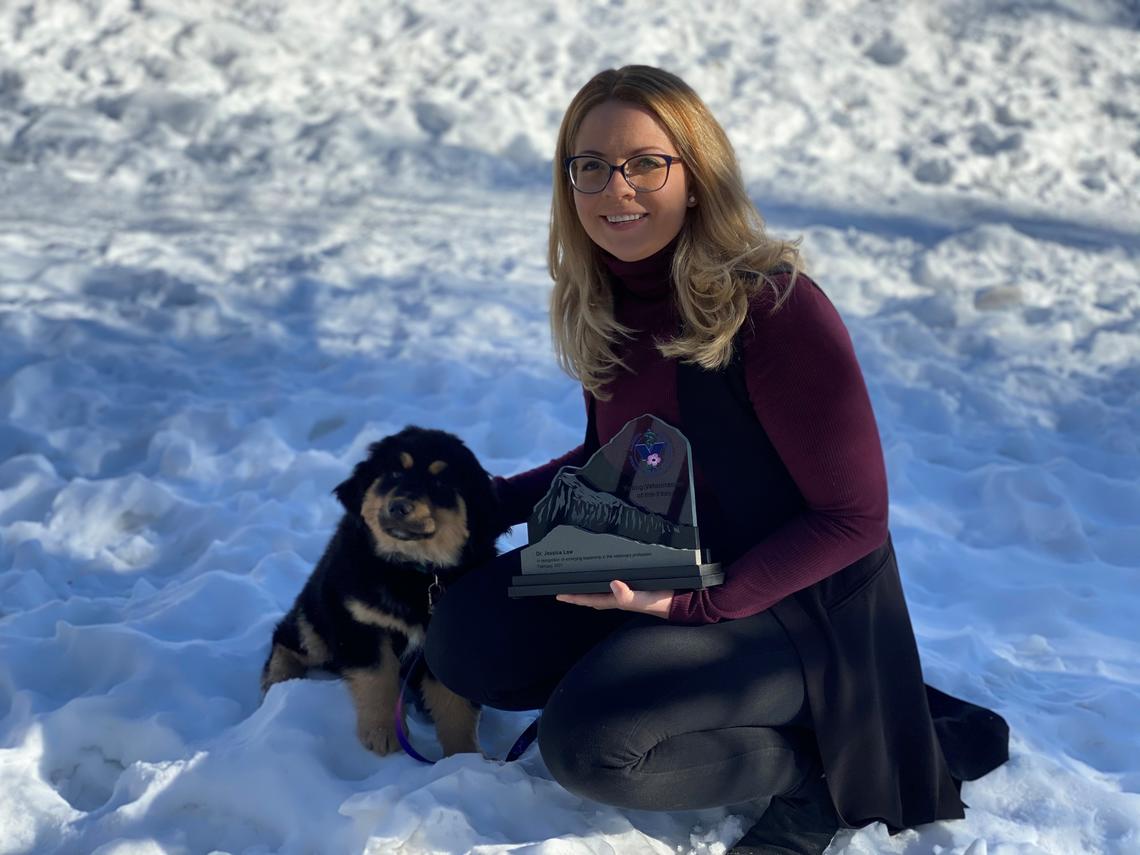 Jessica Law, UCVM Class of 2015, (here with puppy Maple) is Alberta’s Young Veterinarian of the Year. 