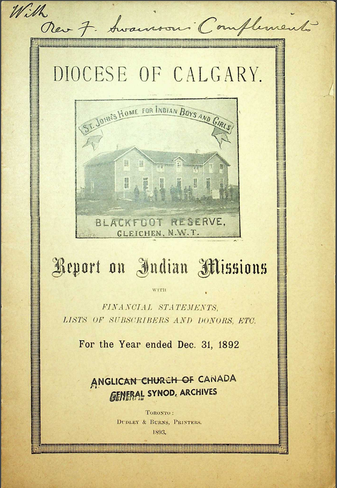 Cover of Diocese of Calgary Report on Indian Missions, 1892.