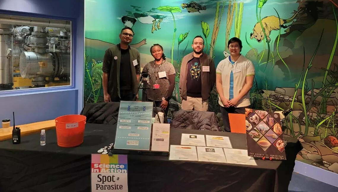 From left to right: Viraj Muthye, Grace Ochigbo, Sina Mohtasebi and Ty Pan host a booth at Bow Habitat Station's annual Fishtival event