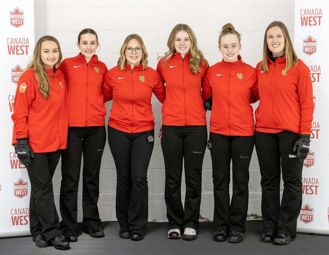 The women's curling team with assistant coach Heather Rogers at the 2023 Canada West Curling Championship