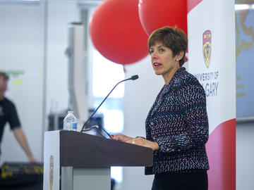 Chancellor Deborah Yedlin moderates the morning panel on UCalgary’s role as an anchor institution in city building at Knowledge to Impact: Igniting Community Engagement in the City Building Design Lab on Monday, April 29, 2019.