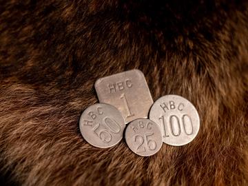 Canadian aluminum trade tokens for Arctic white fox on beaver fur, early 20th century. From the Nickle Numismatic Collection.