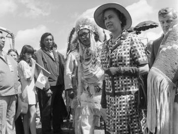 Queen meeting members of First Nations at Calgary Exhibition and Stampede Indian Village, Calgary, Alberta