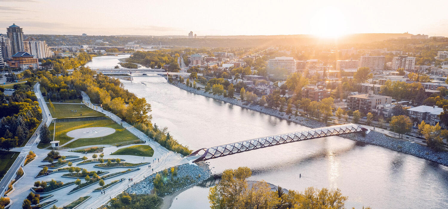 Aerial view of Calgary and the Peace Bridge
