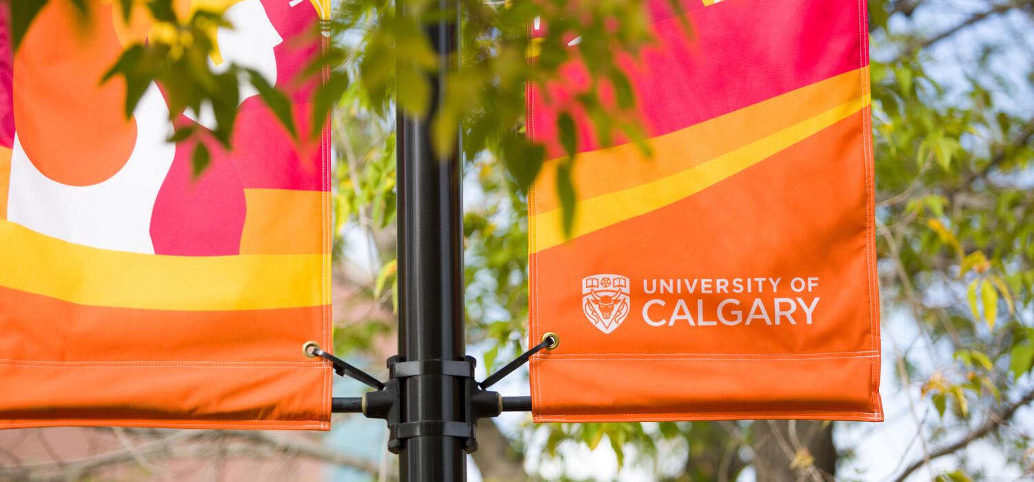 Two yellow, red and orange UCalgary banners behind tress
