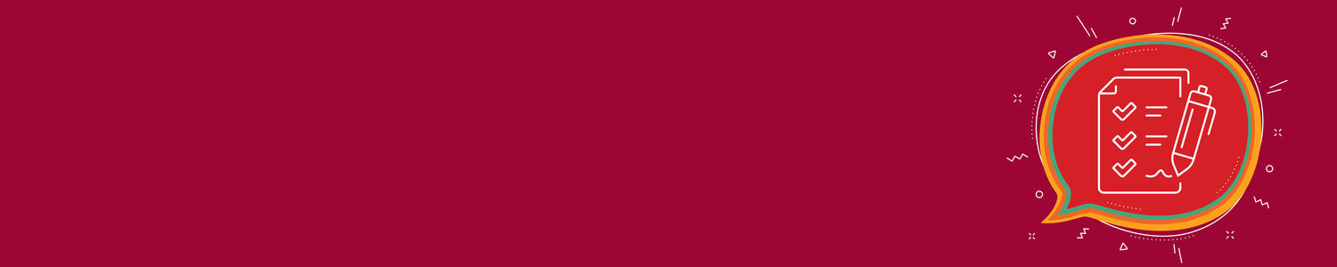 Burgundy banner with a graphic of a clipboard