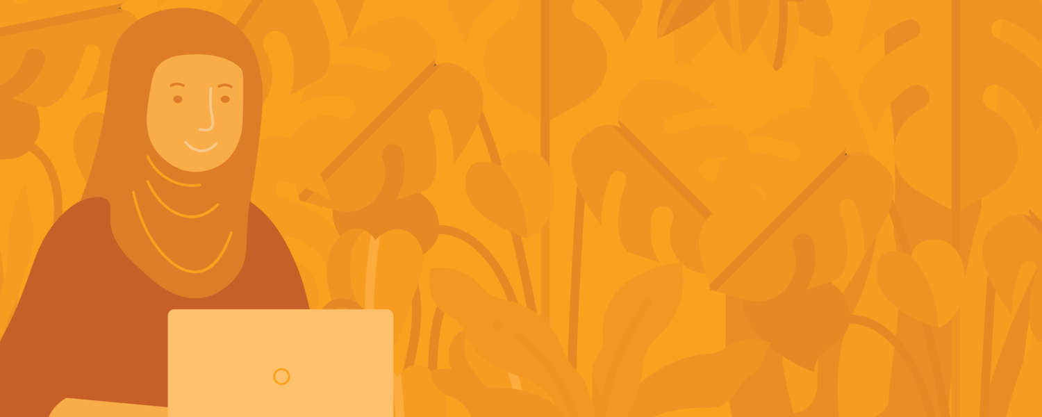 Illustrated image of girl on her laptop with a dynamic background plants