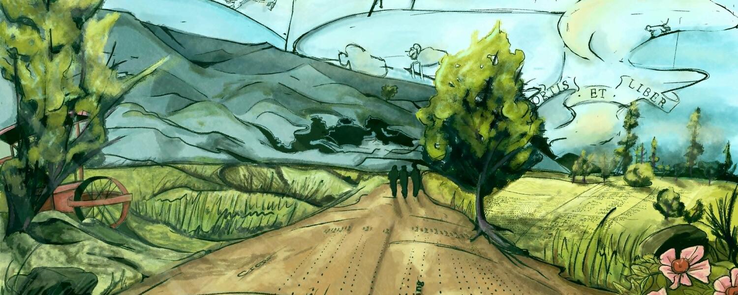 An illustration of a rural landscape featuring a dirt path, trees, fields and floating animal-shaped clouds in the sky