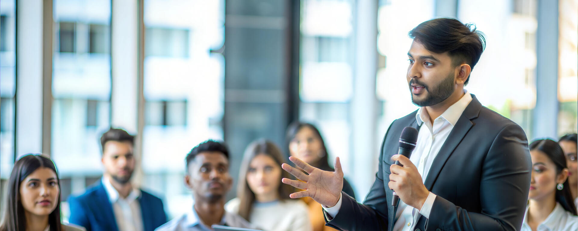 Students presenting in front of crowd