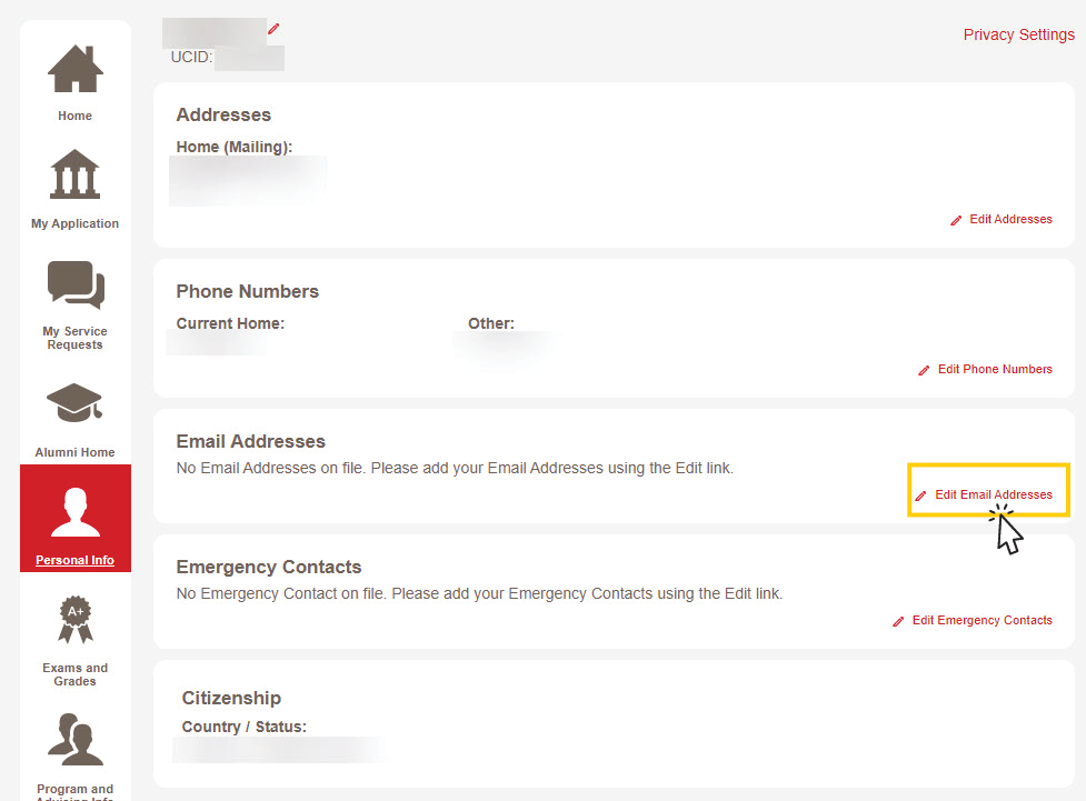 Screenshot of webpage where you will add/edit your email address