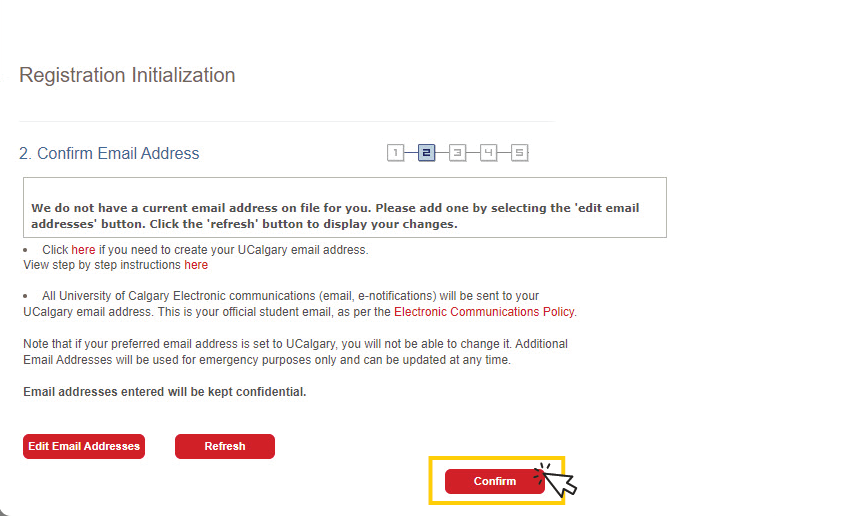 Screenshot of confirm email address page