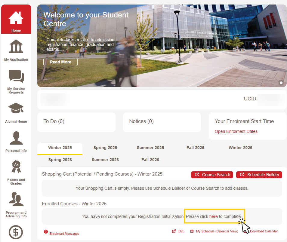 UCalgary student centre homepage with gold box around the word "here"