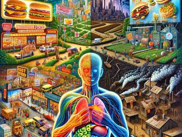 Graphic design of human body with food advertisements around it