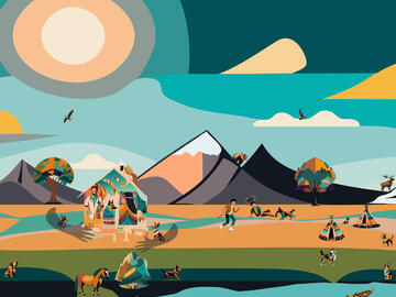 Graphic design of landscape with dogs