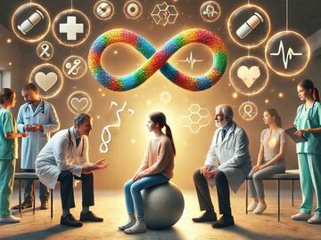 AI-generated image of a girl with a rainbow infinity symbol above her surrounded by medical professionals