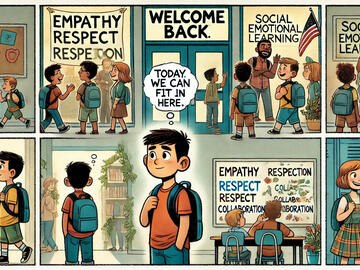 Students walking through a school hallway with posters promoting empathy, respect and social-emotional learning.