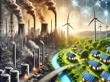 AI-generated image of pollution heavy infrastructure on the left being transformed into clean energy infrastructure on the right