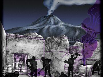 Drawing of unskilled laborers during the Pompeii volcanic eruption with purple and blue colours