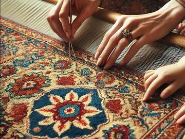 An AI-generated depiction of hands meticulously weaving an intricate, colorful Persian rug.