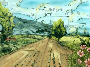 An illustration of a rural landscape featuring a dirt path, trees, fields and floating animal-shaped clouds in the sky