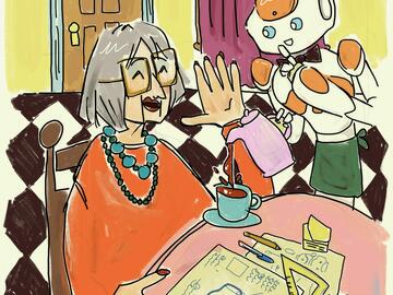 Illustration of an older woman at a table with a robot next to her