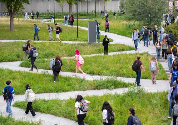 Students walking across campus