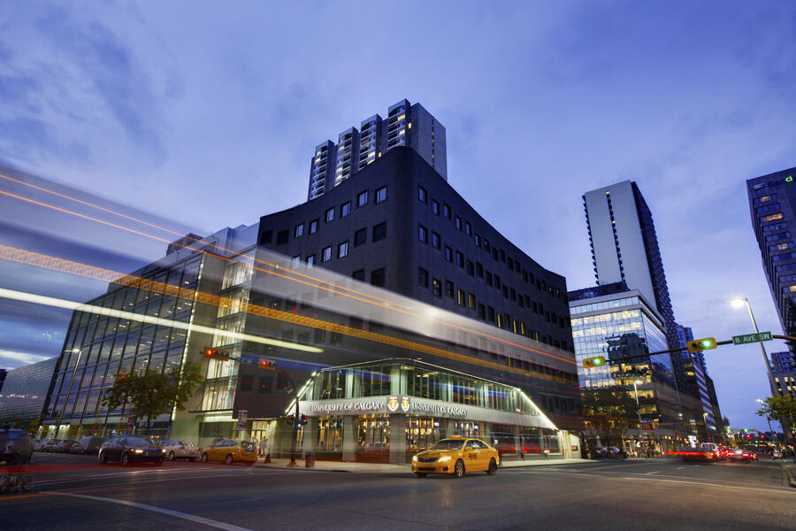 Light trails outside the downtown campus building at dusk