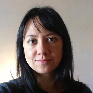 Close up of a woman's face with long dark brown hair and light skin.